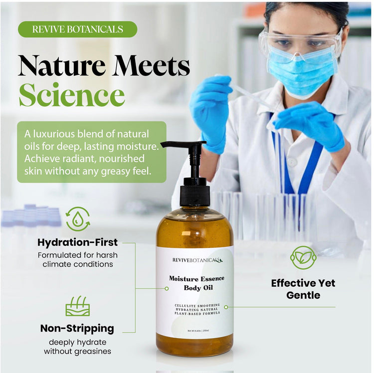 Moisture Essence Body Oil by Revive Botanicals with natural plant oils for deep hydration and radiant skin, non-greasy formula.