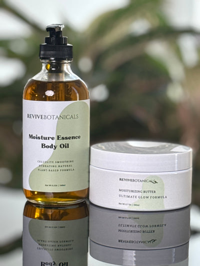 Glow Bundle Duo skincare products set with natural elements background