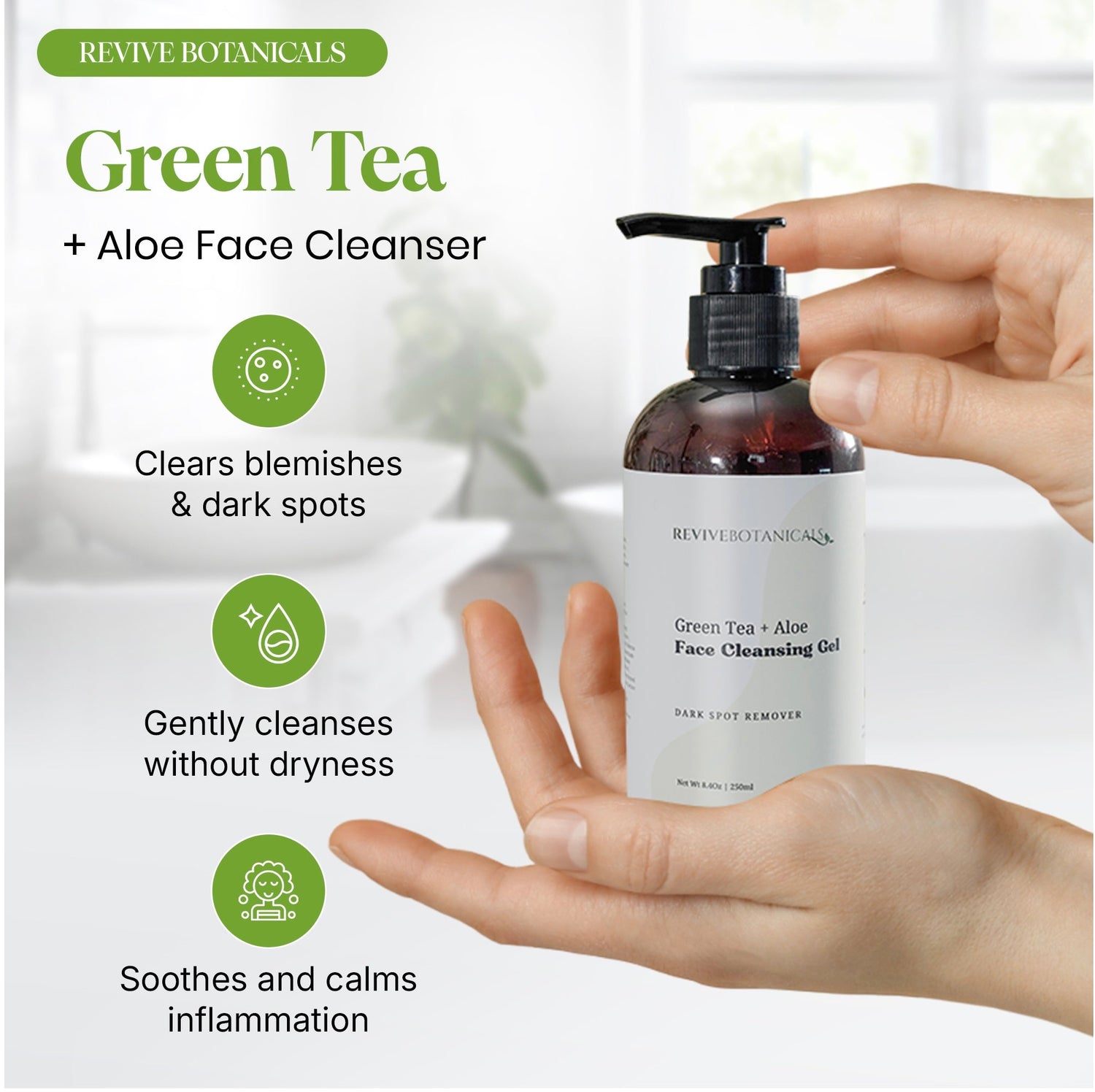 Green Tea + Aloe Face Cleanser bottle held in hands, natural acne soap, clears blemishes, gently cleanses, soothes inflammation, fragrance-free acne cleanser