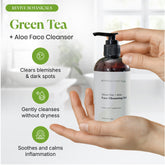 Green Tea + Aloe Face Cleanser bottle held in hands, natural acne soap, clears blemishes, gently cleanses, soothes inflammation, fragrance-free acne cleanser