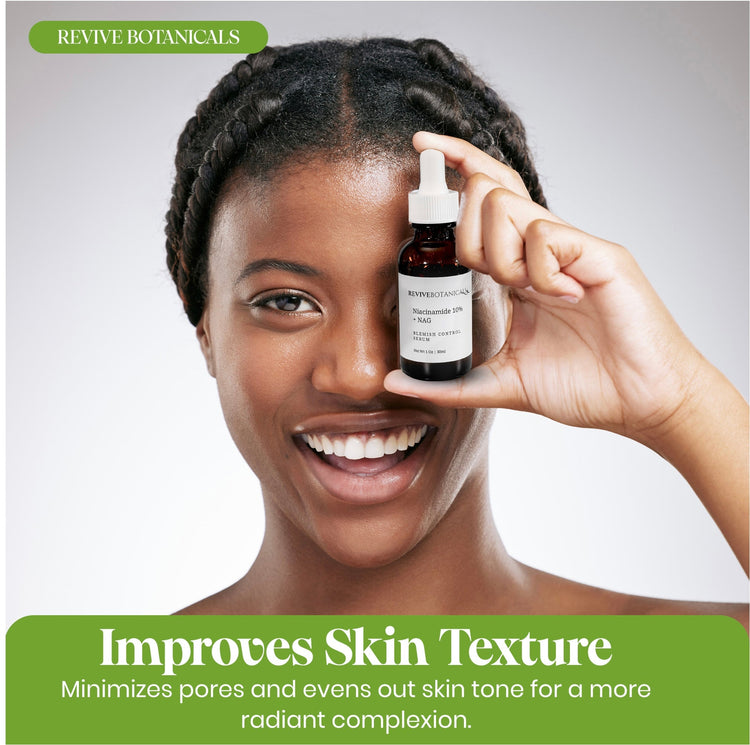 Woman holding Revive Botanicals 10% Niacinamide + NAG Serum for brightening and improving skin texture