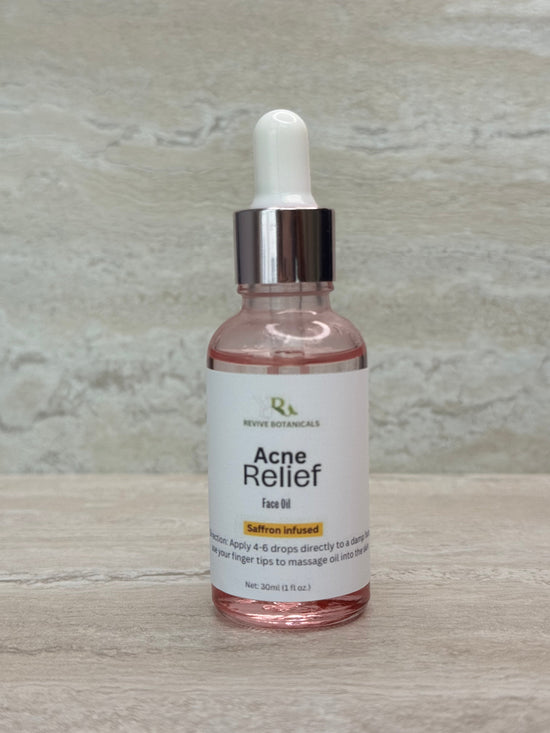 Face oil for acne relief in glass dropper bottle, reduces breakouts and soothes skin.