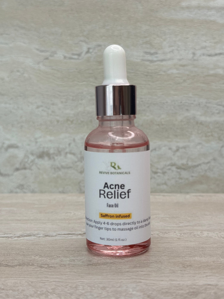 Face oil for acne relief in glass dropper bottle, reduces breakouts and soothes skin.