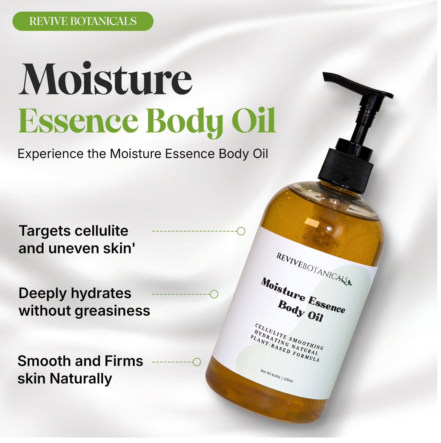 Bottle of Moisture Essence Body Oil by Revive Botanicals for hydrating and firming skin naturally without greasiness