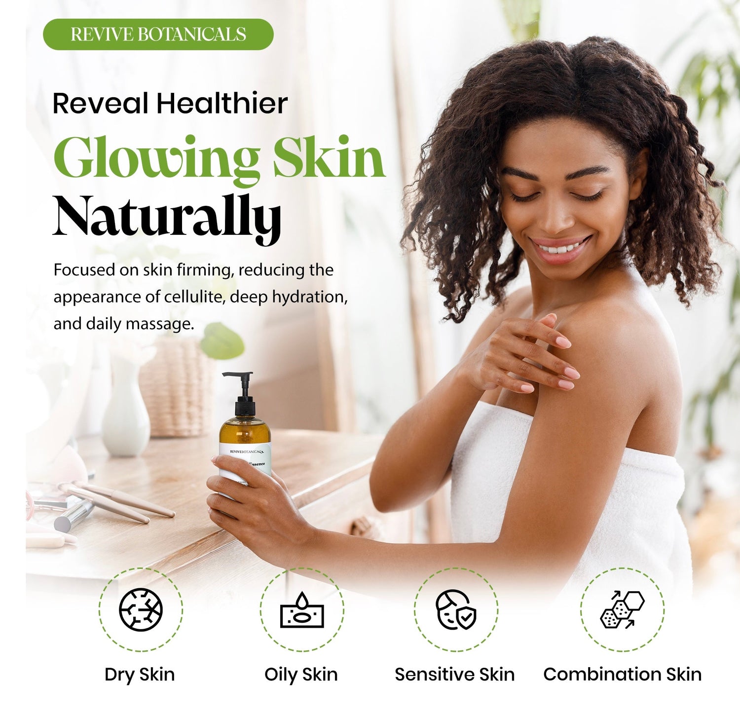 Woman applying Moisture Essence Body Oil for natural glowing, hydrated skin suitable for all skin types including dry, oily, sensitive, and combination skin.
