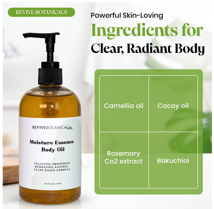 Bottle of Moisture Essence Body Oil by Revive Botanicals with natural skin-loving ingredients for radiant body care