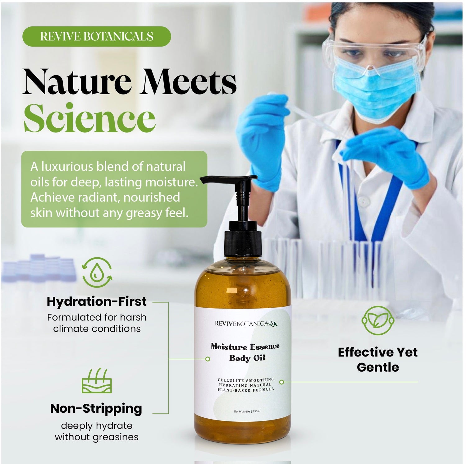 Moisture Essence Body Oil by Revive Botanicals with natural plant oils for deep hydration and radiant skin, non-greasy formula.