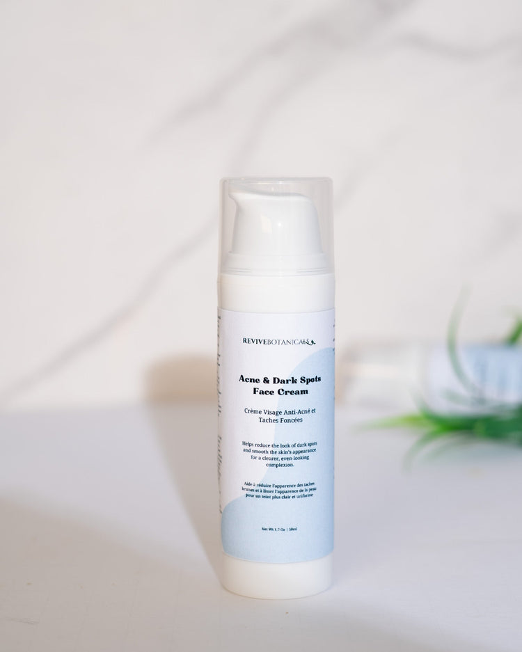 Acne & Dark Spots Face Cream in a pump bottle on a light background.