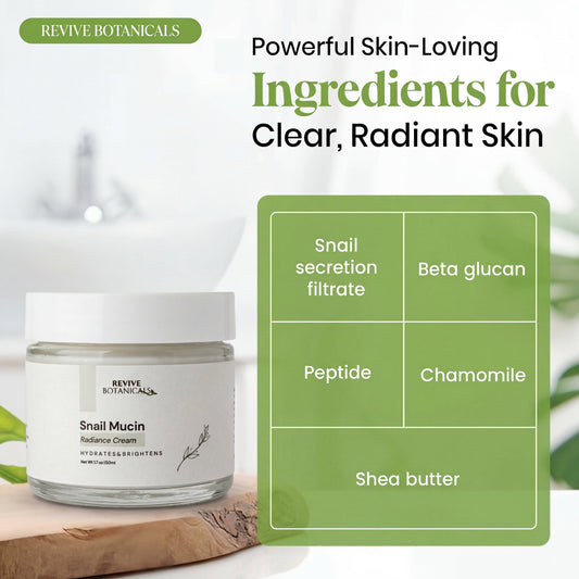 Jar of Snail Mucin Radiance Cream for hydrating and brightening skin with snail mucin and hyaluronic acid