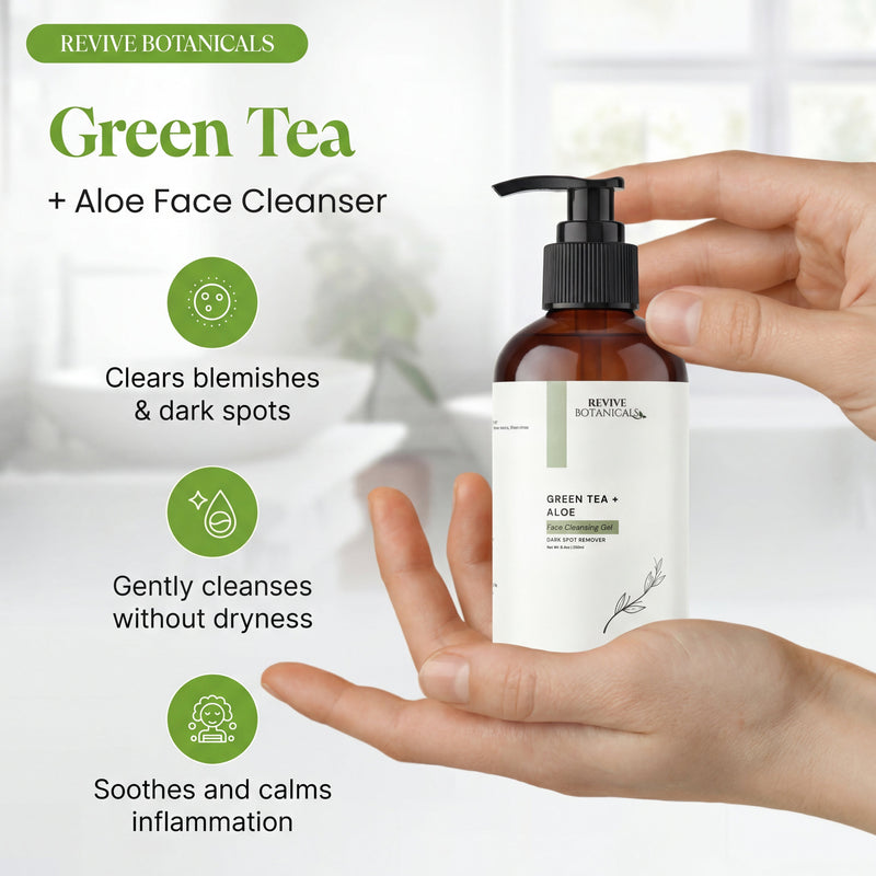 Green Tea + Aloe Face Cleanser bottle with natural acne soap for soothing and hydrating acne-prone skin