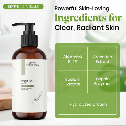 Green Tea + Aloe Face Cleanser bottle with natural acne soap for soothing and hydrating acne-prone skin