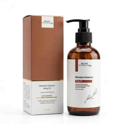 Bottle of Moisture Essence Body Oil with hydrating oils for soft, smooth skin