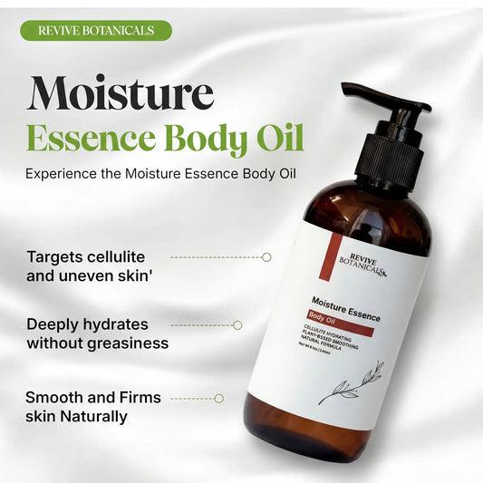 Moisture Essence Body Oil bottle with natural oils for hydration and skin softening