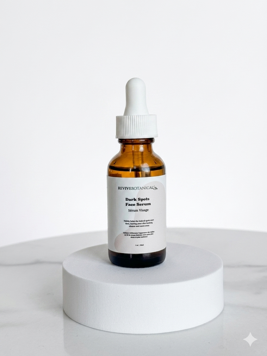 Dark Spots Face Serum bottle with natural ingredients for skin brightening and spot fading