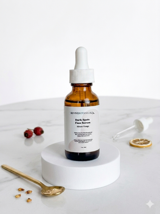 Dark Spots Face Serum bottle with key ingredients for skin brightening