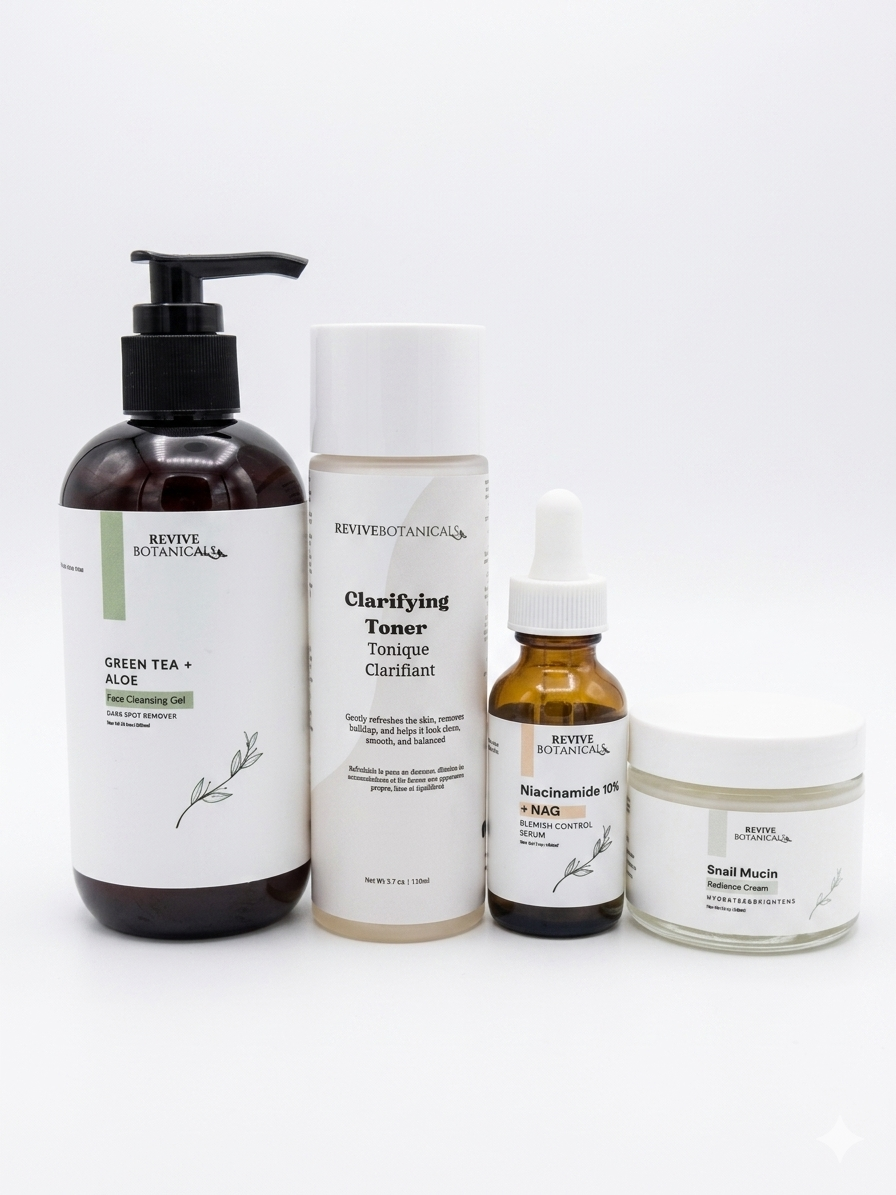 Blemish Control Bundle skincare products with Green Tea Aloe Cleansing Gel, Blemish Control Serum, and Snail Mucin Radiance Cream