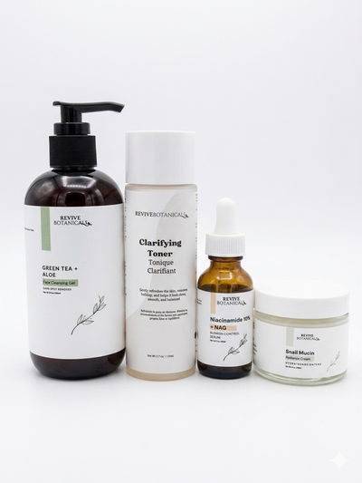 Blemish Control Bundle skincare products with Green Tea Aloe Cleansing Gel, Blemish Control Serum, and Snail Mucin Radiance Cream