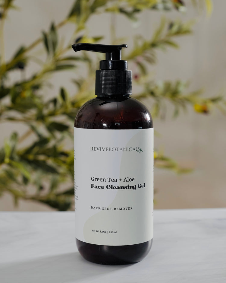 Green Tea + Aloe Face Cleanser in brown plastic bottle, suitable for sensitive skin, natural acne soap, 8.5oz.