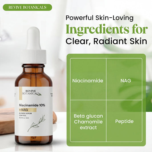 Bottle of 10% Niacinamide + NAG Serum with Vitamin B3 and Hyaluronic Acid for brightening and blemish reduction