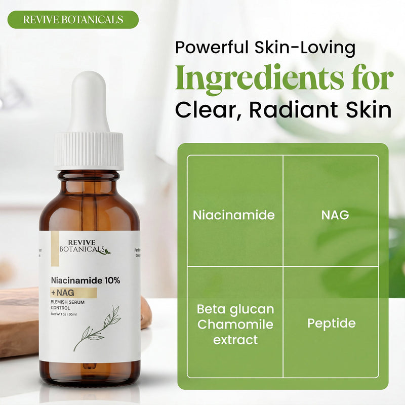 Bottle of 10% Niacinamide + NAG Serum with Vitamin B3 and Hyaluronic Acid for brightening and blemish reduction
