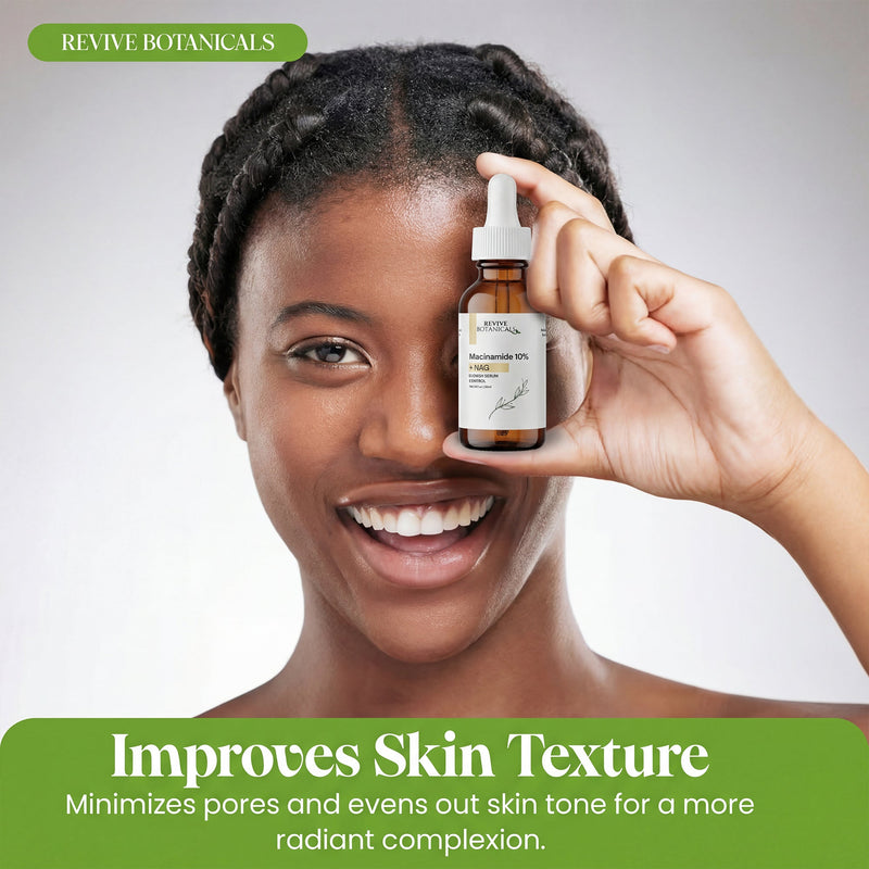 Bottle of 10% Niacinamide Serum Vitamin B3 with Hyaluronic Acid for brightening and blemish reduction